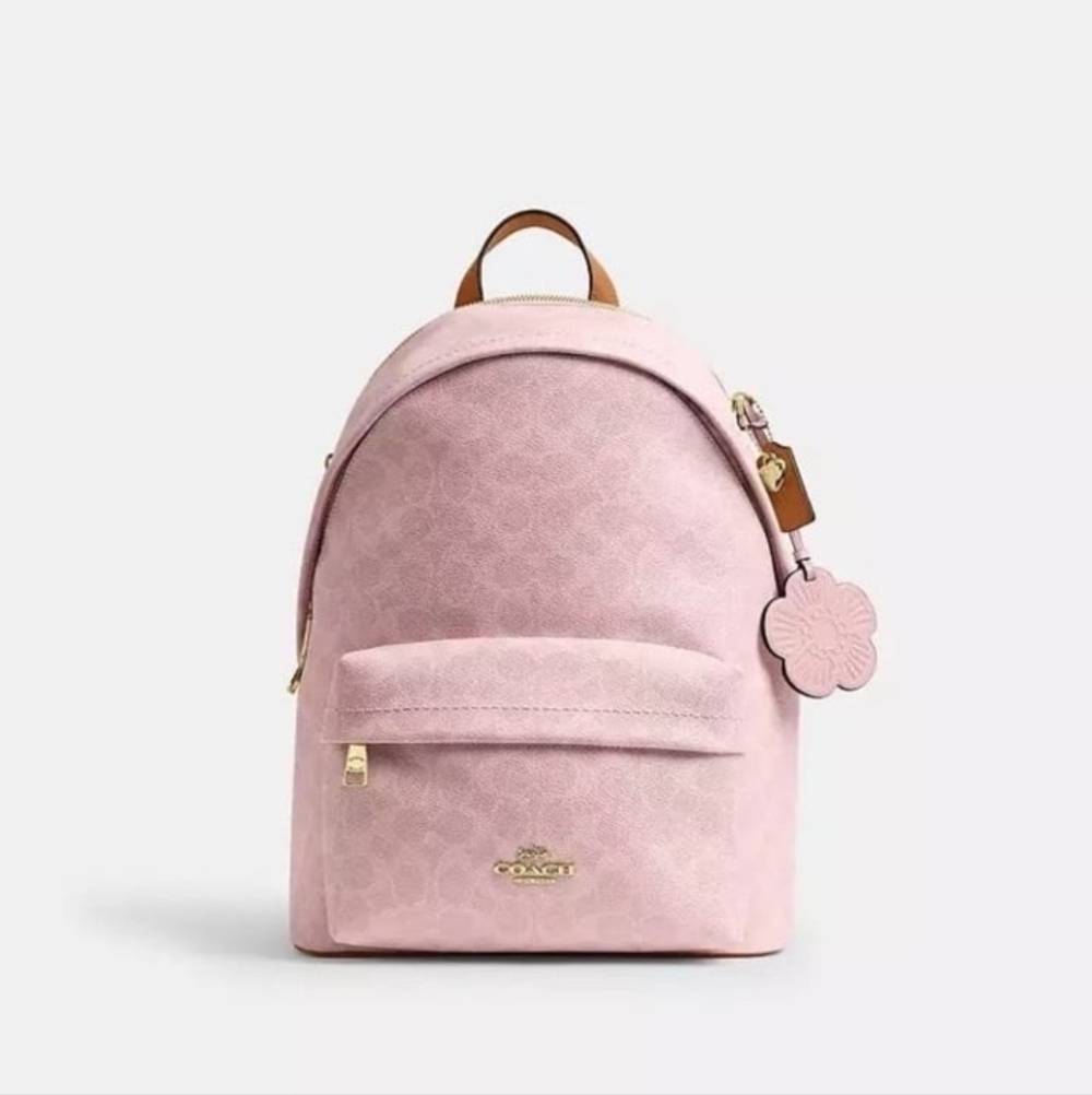 Coach Taylor Small Backpack Powder Pink Signature Canvas with Charms NWT